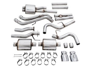 Toyota Tacoma Performance Exhaust - Rear - AWE Tuning - 0FG Cat Back Exhaust with BashGuard - Dual 4.5” Chrome Silver Tips - Chrome Silver - `16-`22